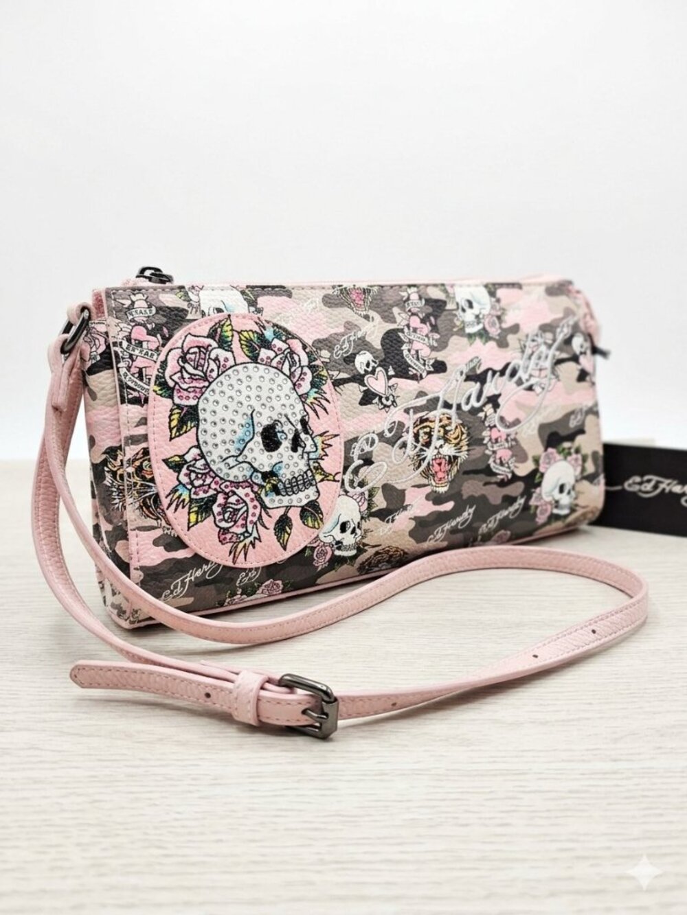 NWT Ed Hardy Abby East West Camo Shoulder Bag - Pink Y2K Tattoo Print